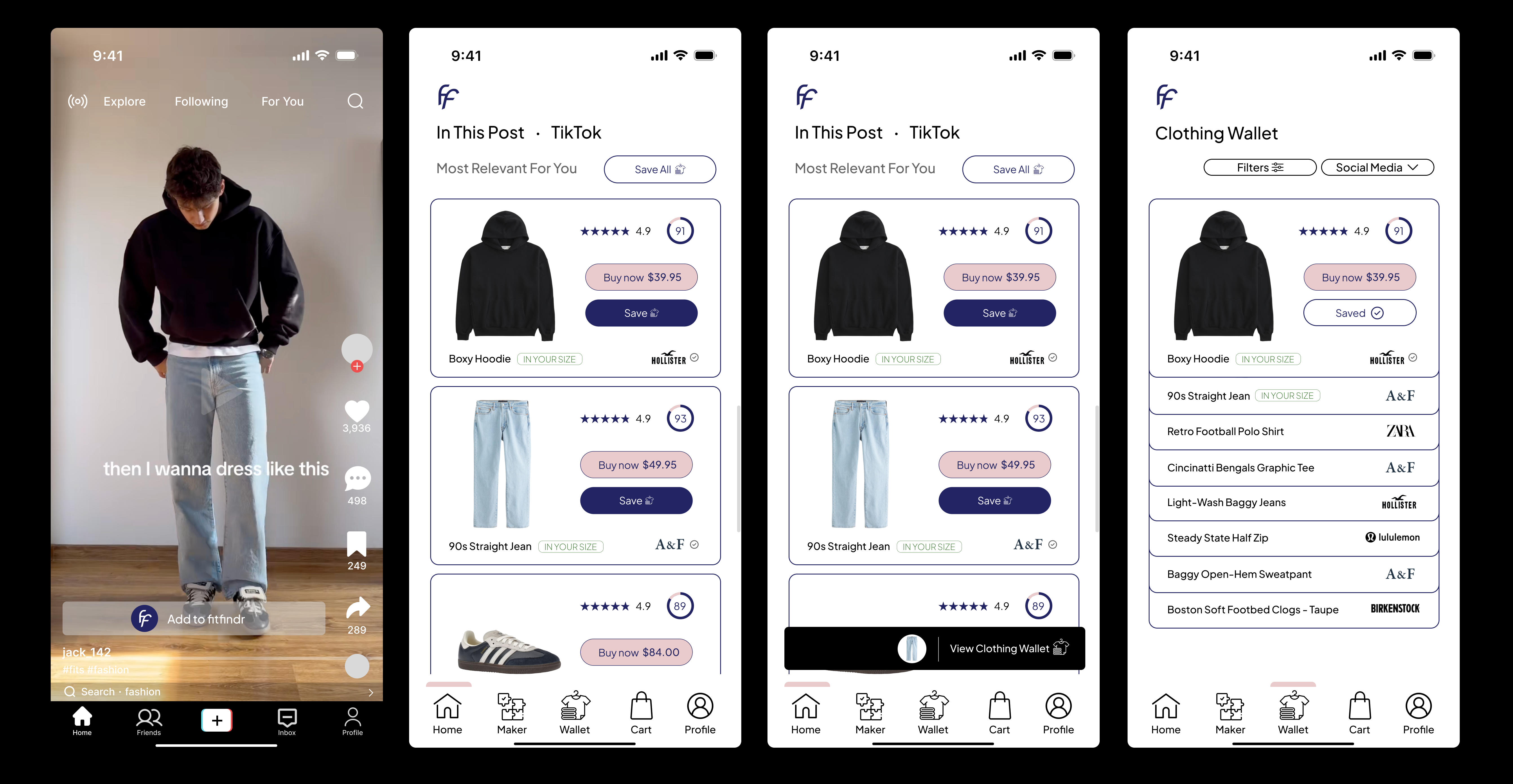 Fitfindr screens for adding an item from TikTok and viewing the Clothing Wallet